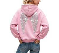 Felpa con cappuccio da donna con strass e ali d'angelo, Rosa-B., L
