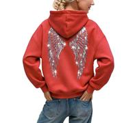 Felpa con cappuccio da donna con strass e ali d'angelo, Rosso-B., L