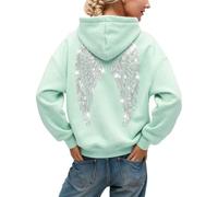 Felpa con cappuccio da donna con strass e ali d'angelo, Verde menta-a, L