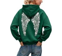 Felpa con cappuccio da donna con strass e ali d'angelo, Verde-nerastro-b, L