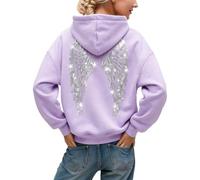 Felpa con cappuccio da donna con strass e ali d'angelo, Viola chiaro-A, L