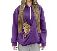 Felpa con cappuccio da donna con tasca per animali domestici, comoda felpa con cappuccio a nido d'ape, con tasca a marsupio, felpa invernale casual per gli amanti dei cani e dei gatti, Viola, S