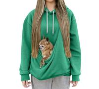 Felpa con cappuccio da donna con tasca per animali domestici, comoda felpa con cappuccio a nido d'ape, con tasca a marsupio, felpa invernale casual per gli amanti dei cani e dei gatti, Verde, L