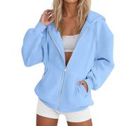 Felpa con cappuccio da donna con zip e cappuccio, oversize, con tasca e cappotto, casual, per tutti i giorni, giacca ampia, abbigliamento mezza stagione, tinta unita, loungewear corto top, azzurro, XL