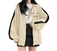 Felpa con cappuccio da donna con zip up oversized basic con cappuccio e ragazza baggy, beige., L