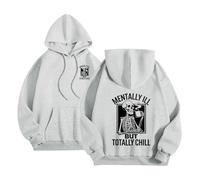 Felpa con cappuccio da donna divertente Halloween Mentally Ill But Totally Chill Citazione - Caffè e scheletro Felpa con cappuccio casual Hip Hop Felpa con tasca morbida coulisse, grigio chiaro, S