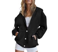 Felpa con cappuccio, da donna, grigio-blu, per le mezze stagioni, lunga con cappuccio, con cappuccio, con coulisse, tinta unita, da allenamento, comoda giacca softshell alla moda, Nero , L