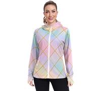 Felpa con cappuccio da donna in oro con motivo a griglia sfumata moderna arcobaleno con tasche camicie da allenamento UPF 50+ protezione felpa con zip per escursionismo all'aperto blusas para