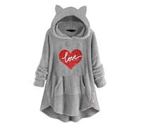 Felpa con cappuccio da donna in pile con orsacchiotto, top da donna a maniche lunghe, con stampa amore, con cappuccio, tasca larga, per l'inverno, per la vita quotidiana, regali di Natale, Grigio, XL