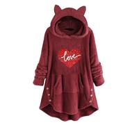 Felpa con cappuccio da donna in pile con orsacchiotto, top da donna a maniche lunghe, con stampa amore, con cappuccio, tasca larga, per l'inverno, per la vita quotidiana, regali di Natale, Rosso, M