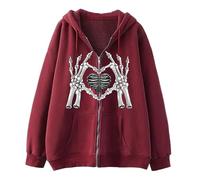 Felpa con cappuccio da donna in stile gotico Y2k, con cerniera, stile vintage con scheletro, stile anni '90, per adolescenti e ragazze, O rosso2, XL