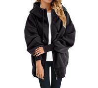 Felpa con cappuccio da donna, oversize, chiusura lampo, giacca softshell da donna, taglie forti, con cappuccio, con coulisse, in tinta unita, Nero , s