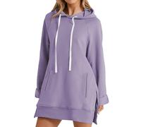 Felpa con cappuccio da donna, oversize, lunga, da donna, in pile, sottile, con cappuccio, in tinta unita, con coulisse, comoda felpa con cappuccio, giacca leggera da allenamento, elegante, Viola