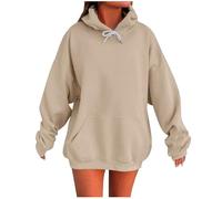 Felpa con cappuccio da donna, oversize, tinta unita, look boyfriend, con cappuccio e tasca, elegante e alla moda, cachi, XXL
