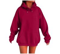 Felpa con cappuccio da donna, oversize, tinta unita, look boyfriend, con cappuccio e tasca, elegante e alla moda, Colore: rosso, S