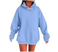 Felpa con cappuccio da donna, oversize, tinta unita, look boyfriend, con cappuccio e tasca, elegante e alla moda, Azzurro, XL
