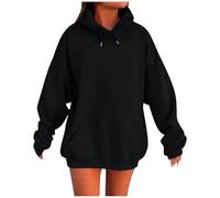 Felpa con cappuccio da donna, oversize, tinta unita, look boyfriend, con cappuccio e tasca, elegante e alla moda, Nero , M