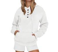 Felpa con cappuccio da donna, tinta unita, a coste, casual, in seta di ghiaccio, top sportivo, a maniche lunghe, con bottoni, per uso quotidiano, attività all'aria aperta, senza donna, bianco, XXL