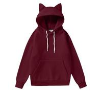 Felpa con cappuccio da donna, vestibilità ampia, a maniche lunghe, con cappuccio, con orecchie di gatto, oversize, in pile, carina, casual, per ragazze adolescenti, vino, S