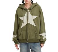 Felpa con cappuccio da donna Y2K con zip e stampa a stelle felpe oversize Fairy Grunge Graphic Giacca con cappuccio Harajuku Estetica E-Girls Streetwear, B-Verde, L