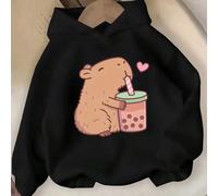 Felpa con cappuccio da ragazza tra i 10 e i 12 anni, casual e di moda, con stampa creativa e carina di animali come criceti e capibara che bevono acqua 8Y,9Y,10Y,11Y,12YFumettoTessuto