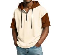 Felpa con cappuccio da uomo a maniche corte, con cappuccio, a maniche corte, con cappuccio, con chiusura a mezza cerniera, oversize, leggera, O beige., XL