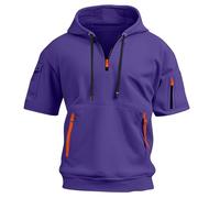 Felpa con cappuccio da uomo a maniche corte con cappuccio, chiusura a 1/4, tasca con cerniera, casual, per attività all'aria aperta, multifunzionale, con cappuccio sportivo, Lilla, XL