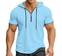 Felpa con Cappuccio da Uomo a Maniche Corte con Cerniera a Un Quarto e Coulisse, Scollo V, Pullover Sportivo Cappuccio, Top Estivo per Allenamento, Azzurro Cielo, Taglia XL