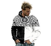 Felpa con cappuccio da uomo, bicolore nero e bianco, con stampa bussola vichinga e trecce celtiche, taglie forti, con tasca a canguro per Halloween, festa, streetwear, inverno, sport, casual