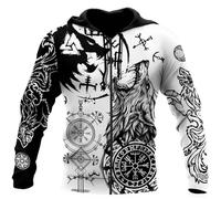 Felpa con Cappuccio da Uomo con Amuleto del Drago Vichingo - Pullover Unisex a Maniche Lunghe con Stampa 3D, Tatuaggio Lupo Nordico, Stile Casual Medievale con Zip(Zip Viking Tattoo,XXL)