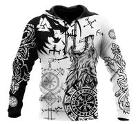 Felpa con Cappuccio da Uomo con Amuleto del Drago Vichingo - Pullover Unisex a Maniche Lunghe con Stampa 3D, Tatuaggio Lupo Nordico, Stile Casual Medievale con Zip(Viking Tattoo,M)
