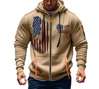 Felpa con cappuccio da uomo con cappuccio e chiusura a strappo, oversize, sport, fitness, allenamento, con cappuccio, con bandiera, con tasche, per attività all'aria aperta, cachi, S