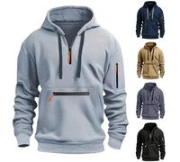 Felpa con cappuccio da uomo con cerniera a 1/4, tasca con cerniera, in pile con coulisse, a maniche lunghe, con cappuccio, vestibilità ampia, casual, classica, alla moda, da lavoro, cachi, XXX-Large