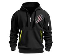 Felpa con cappuccio da uomo con cerniera a un quarto con bandiera stampata e cordoncino, alla moda, multi tasche, per autunno e inverno, per allenamento, corsa, atletica, tempo libero, abbigliamento