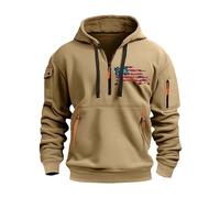 Felpa con cappuccio da uomo, con cerniera a un quarto, stampa con bandiera degli Stati Uniti, stampa a righe e stelle, moda tattica, militare, alla moda, comoda, calda, per il tempo libero e, cachi