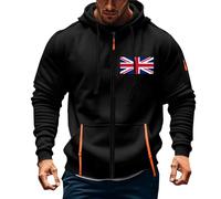 Felpa con cappuccio da uomo con cerniera, alla moda con stampa bandiera del Regno Unito, casual, alla moda, con nastro, vestibilità ampia, abbigliamento sportivo all'aperto, morbido, comodo, a maniche
