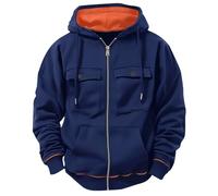 Felpa con cappuccio da uomo con chiusura lampo, leggera con cappuccio, da uomo, con cappuccio, con coulisse, in tinta unita, classica, Blu marino, L