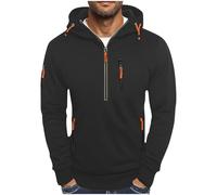 Felpa con cappuccio da uomo con mezza cerniera, taglie grandi, casual, confortevole, multi tasche, per il lavoro all'aperto, per la vita quotidiana, tinta unita, Nero , XS