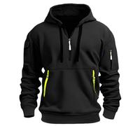 Felpa con cappuccio da uomo con mezza cerniera, taglie grandi, casual, confortevole, multi tasche, per la vita quotidiana, per il lavoro all'aperto, tinta unita, 5-Nero, XL