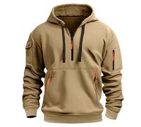 Felpa con cappuccio da uomo con mezza cerniera, taglie grandi, casual, confortevole, multi tasche, per la vita quotidiana, per il lavoro all'aperto, tinta unita, 5-Cachi, S