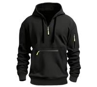 Felpa con cappuccio da uomo con mezza cerniera, taglie grandi, casual, confortevole, multi tasche, per la vita quotidiana, per il lavoro all'aperto, tinta unita, 2-nero, L