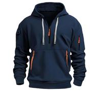 Felpa con cappuccio da uomo con mezza cerniera, taglie grandi, casual, confortevole, multi tasche, per la vita quotidiana, per il lavoro all'aperto, tinta unita, XL