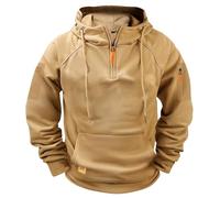 Felpa con cappuccio da uomo con mezza cerniera, taglie grandi, multi tasche, casual, felpe tinta unita, per la vita quotidiana, marrone, XL