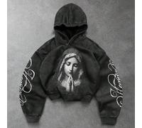 Felpa con cappuccio da uomo con ritratto della Vergine Maria e stampa di lettere, stile di strada americano, felpe autunnali, stili comodi da uomo per l'autunno e l'inverno, maglie natalizie da donna,