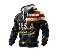 Felpa con cappuccio da uomo con stampa a stelle a righe e lettere anteriori con cappuccio da uomo, a maniche lunghe, taglio oversize con cordino e tasca canguro stile patriotico per tutti i giorni