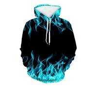 Felpa con cappuccio da uomo con stampa fiamme, blocco di colore, patchwork, casual, con cappuccio, comoda e a maniche lunghe, con tasca, Celeste., L