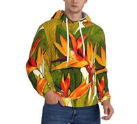 Felpa con cappuccio da uomo con stampa tropicale uccello del paradiso, pullover con cappuccio con coulisse, pullover a maniche lunghe, per l'uso quotidiano, Nero , 4XL