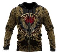Felpa con Cappuccio da Uomo con Tatuaggio Vichingo e Corvi di Odino - Pullover a Maniche Lunghe con Stampa 3D, Mjölnir, Giacca con Zip Stile Mitologia Nordica Streetwear(Zip Odin Raven,5XL)