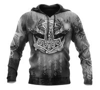 Felpa con Cappuccio da Uomo con Tatuaggio Vichingo e Corvi di Odino - Pullover a Maniche Lunghe con Stampa 3D, Mjölnir, Giacca con Zip Stile Mitologia Nordica Streetwear(Raven Mjölnir,M)