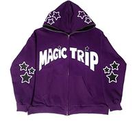 Felpa con cappuccio da uomo con zip Y2k grafica vintage oversize felpa con cappuccio giacca grunge fairycore cappotti Harajuku Streetwear, Viola, Small